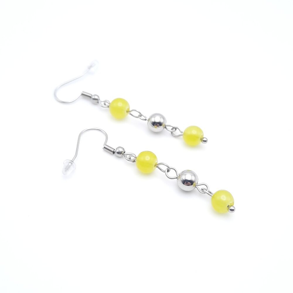 Yellow Glass & Stainless Steel Silver Dangle Drop Earrings Handmade Jewelry